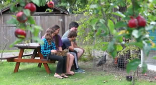 (庭に置かれたベンチで鶏を見る子どもたち)