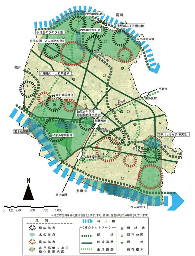 狛江市では、多摩川河川敷が市街化調整区域である以外、すべてが市街化区域となっており、それぞれの地域で重点的な緑化の推進が求められている。このため、市域全体を緑化重点地区と位置づけ、緑の将来像の実現に努めるとしている。（狛江市緑の基本計画より）