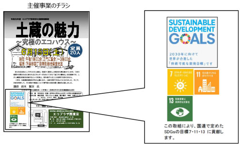 主催事業にはSDGsとの関連性を示し、SDGsのロゴをチラシに掲載（「土蔵の魅力」チラシに表示されたSDGsのロゴマーク）