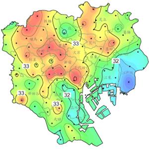図3 METROS観測網による東京23区における2002年7月20日から8月31日までの平均気温（東京都HPによる）