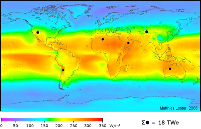 地球上の太陽光エネルギー資源量の分布。黒点は、世界の主要エネルギー源を太陽光で十分賄うために必要な面積を表す。（出典: ウィキメディア・コモンズ）