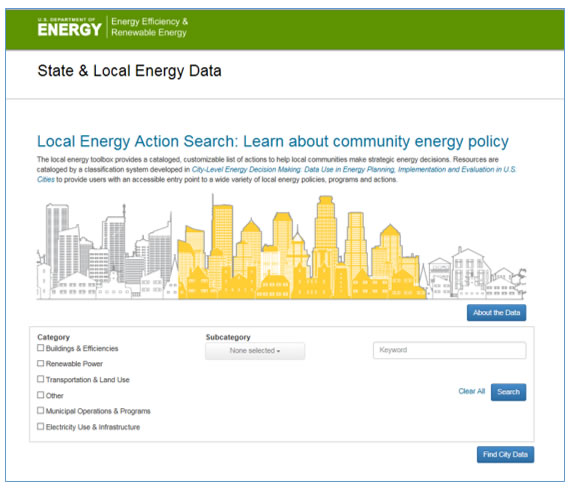 ツール２のトップページ：「地域エネルギーアクション検索：コミュニティのエネルギー政策を学ぼう」
http://apps1.eere.energy.gov/sled/cleap.html