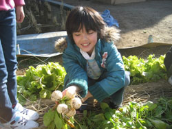 写真：収穫した野菜を見せる児童