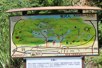 横沢入里山保全地域。右は、現地に掲げられている絵地図。