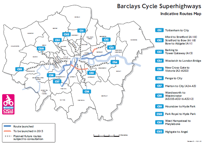 ロンドン市のサイクルスーパーハイウェイ整備計画図。（ロンドン市HPより）