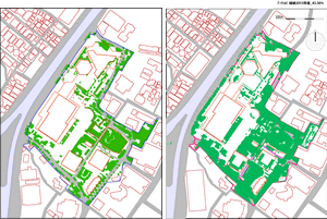 アークヒルズの再開発前後の緑被面積の変化を表した図（左が1990年、右は2011年）。20年以上の月日を経て、緑被率は23.3％（1990年）から43.4％（2013年）に、緑被面積は1.15haから2.15haに増えた。