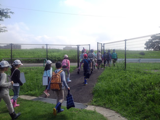 校庭の裏門から、道を挟んですぐの土手に向かう、多摩第一小学校の4年生たち。