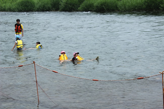 多摩川の川流れで遊ぶ。子どもたちは、川の流れに身を任せてプカプカと浮きながら、川の流れに漂う。